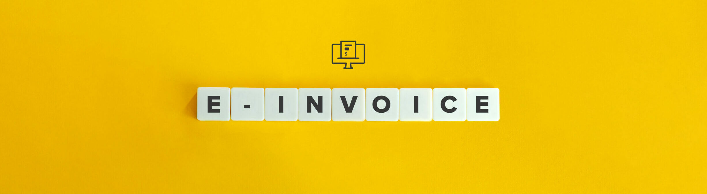 E-invoice banner and icon. Block letters on bright orange background. Minimal aesthetics.